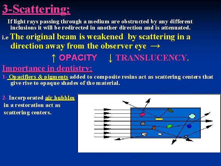 3 -Scattering: If light rays passing through a medium are obstructed by any different