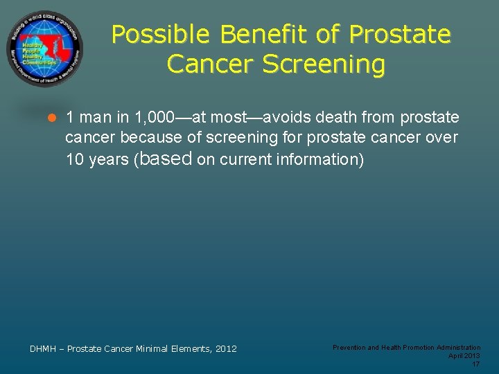 Possible Benefit of Prostate Cancer Screening l 1 man in 1, 000—at most—avoids death