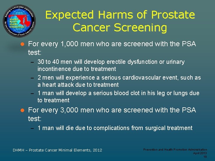 Expected Harms of Prostate Cancer Screening l For every 1, 000 men who are