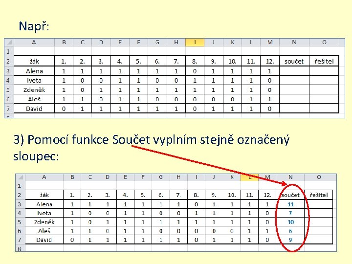 Např: 3) Pomocí funkce Součet vyplním stejně označený sloupec: 
