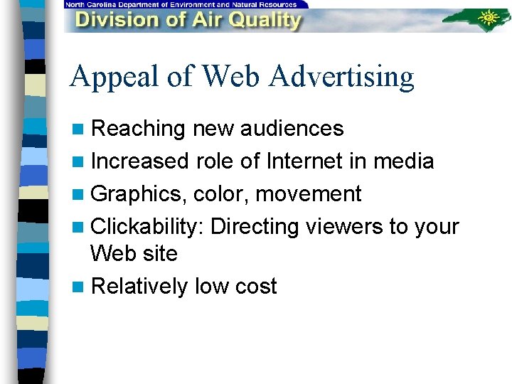 Appeal of Web Advertising n Reaching new audiences n Increased role of Internet in