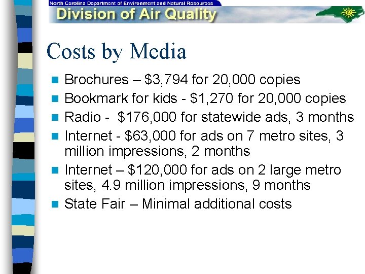 Costs by Media n n n Brochures – $3, 794 for 20, 000 copies