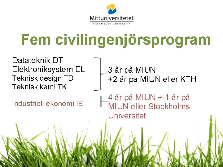 Fem civilingenjörsprogram Datateknik DT Elektroniksystem EL Teknisk design TD Teknisk kemi TK Industriell ekonomi