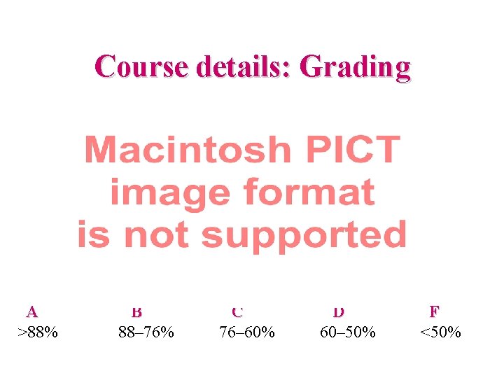 Course details: Grading A >88% B 88– 76% C 76– 60% D 60– 50%