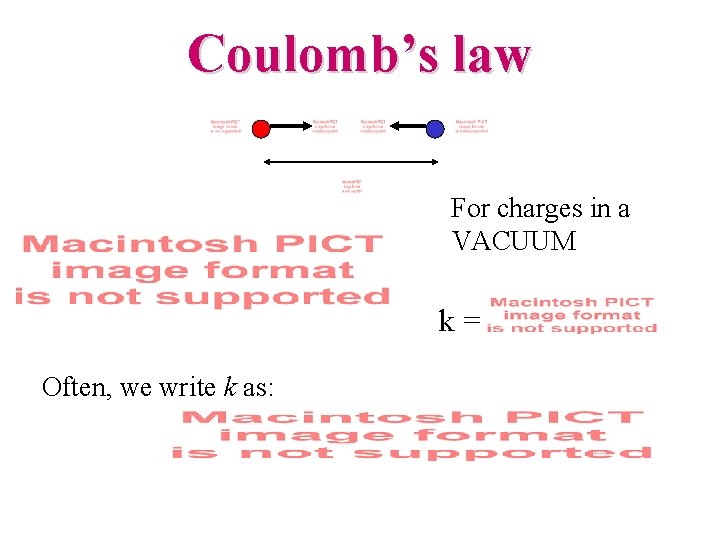 Coulomb’s law For charges in a VACUUM k = Often, we write k as: