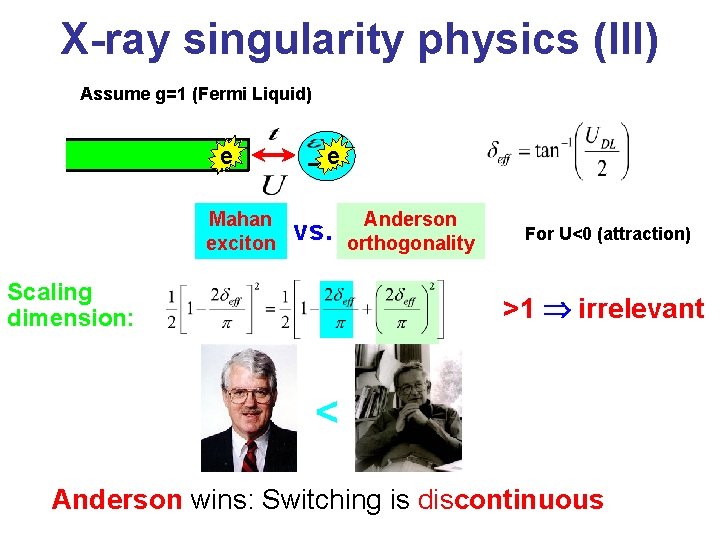 X-ray singularity physics (III) Assume g=1 (Fermi Liquid) e Mahan exciton e vs. Scaling