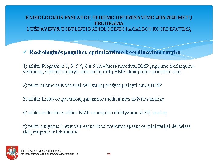 RADIOLOGIJOS PASLAUGŲ TEIKIMO OPTIMIZAVIMO 2016 -2020 METŲ PROGRAMA 1 UŽDAVINYS. TOBULINTI RADIOLOGINĖS PAGALBOS KOORDINAVIMĄ