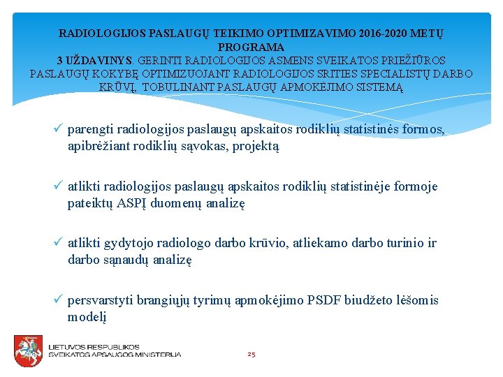 RADIOLOGIJOS PASLAUGŲ TEIKIMO OPTIMIZAVIMO 2016 -2020 METŲ PROGRAMA 3 UŽDAVINYS. GERINTI RADIOLOGIJOS ASMENS SVEIKATOS