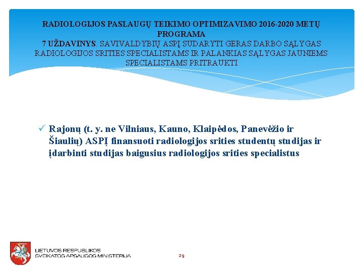 RADIOLOGIJOS PASLAUGŲ TEIKIMO OPTIMIZAVIMO 2016 -2020 METŲ PROGRAMA 7 UŽDAVINYS. SAVIVALDYBIŲ ASPĮ SUDARYTI GERAS