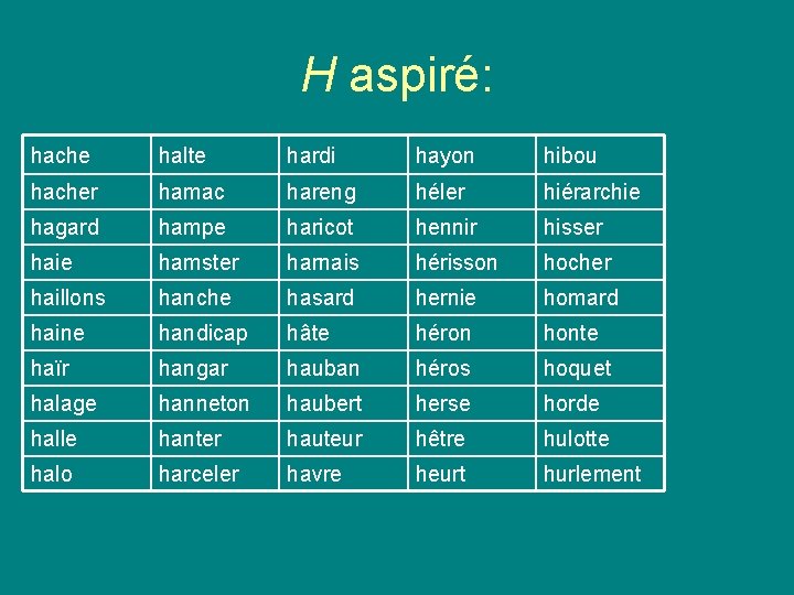 H aspiré: hache halte hardi hayon hibou hacher hamac hareng héler hiérarchie hagard hampe H aspiré: hache halte hardi hayon hibou hacher hamac hareng héler hiérarchie hagard hampe
