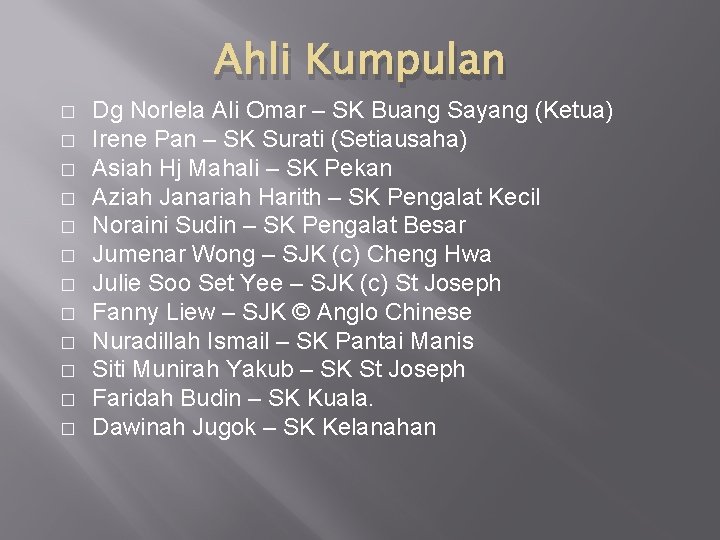 Ahli Kumpulan � � � Dg Norlela Ali Omar – SK Buang Sayang (Ketua)