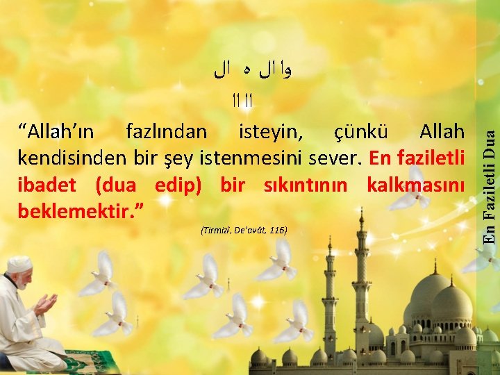 “Allah’ın fazlından isteyin, çünkü Allah kendisinden bir şey istenmesini sever. En faziletli ibadet (dua