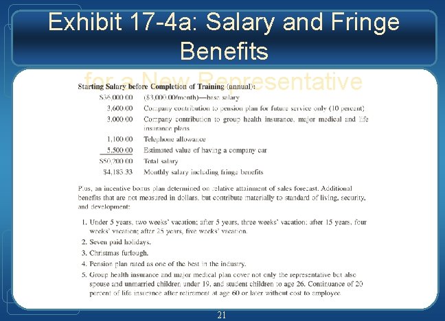 Exhibit 17 -4 a: Salary and Fringe Benefits for a New Representative 21 