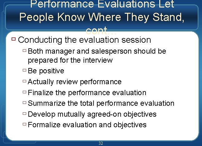 Performance Evaluations Let People Know Where They Stand, cont… ù Conducting the evaluation session