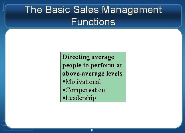 The Basic Sales Management Functions Directing average people to perform at above-average levels §Motivational