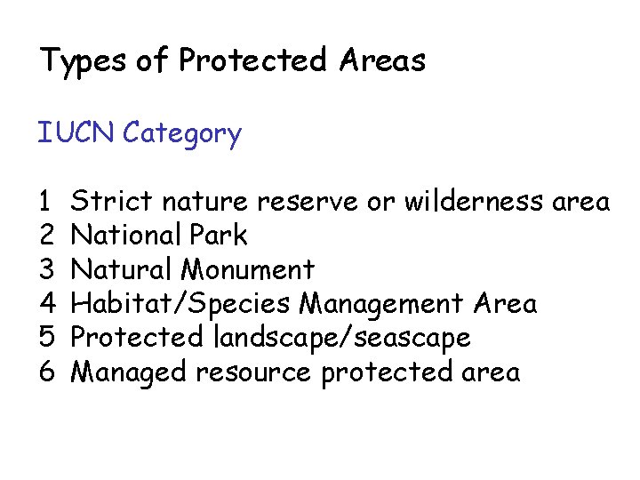 Types of Protected Areas IUCN Category 1 2 3 4 5 6 Strict nature