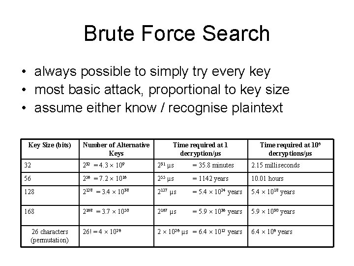 Brute Force Search • always possible to simply try every key • most basic Brute Force Search • always possible to simply try every key • most basic