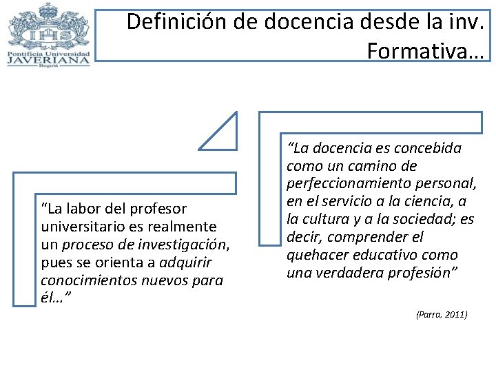 Definición de docencia desde la inv. Formativa… “La labor del profesor universitario es realmente