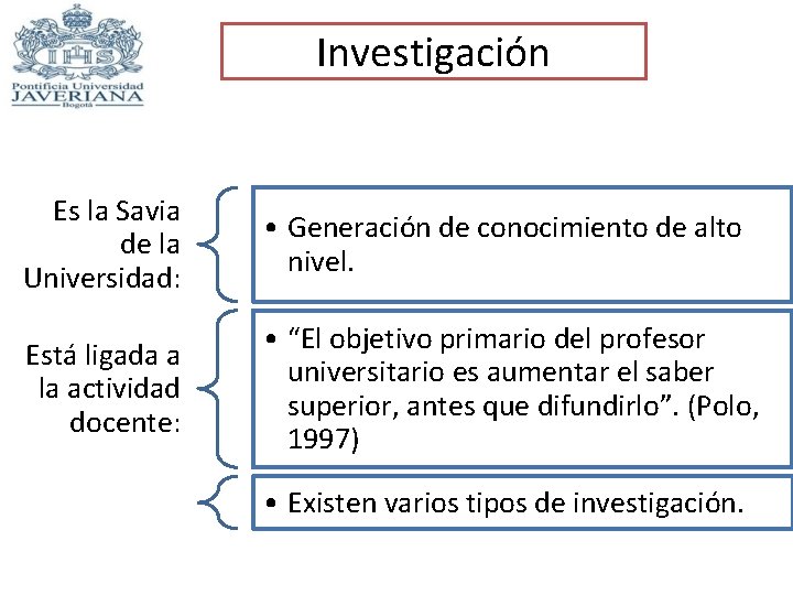 Investigación Es la Savia de la Universidad: • Generación de conocimiento de alto nivel.