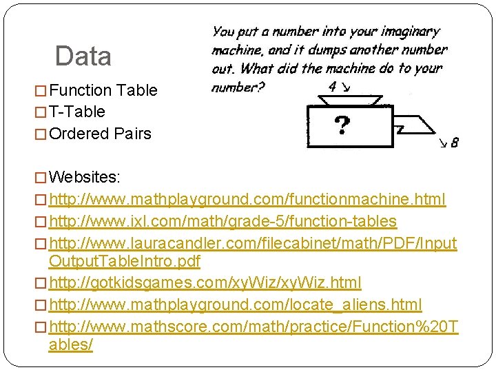 Data � Function Table � T-Table � Ordered Pairs � Websites: � http: //www.