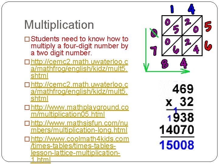 Multiplication � Students need to know how to multiply a four-digit number by a