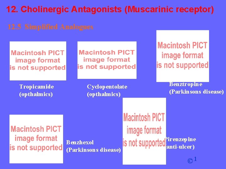 12. Cholinergic Antagonists (Muscarinic receptor) 12. 5 Simplified Analogues Tropicamide (opthalmics) Cyclopentolate (opthalmics) Benzhexol