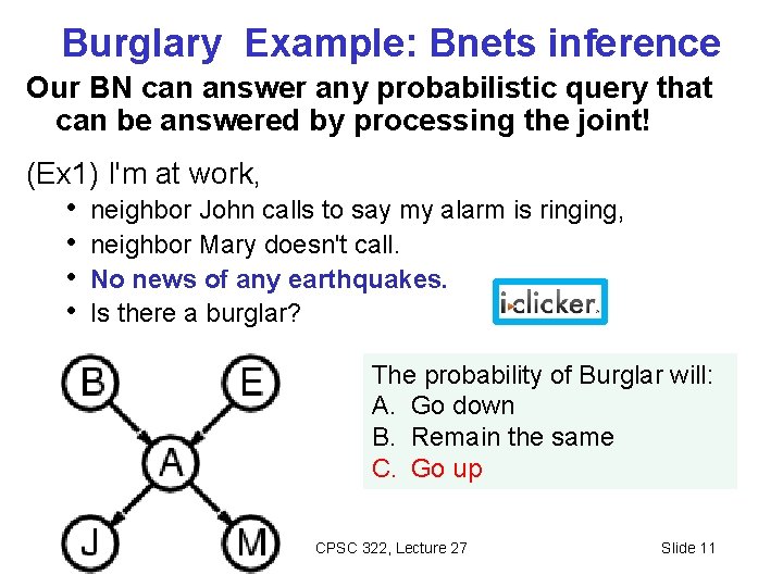 Burglary Example: Bnets inference Our BN can answer any probabilistic query that can be