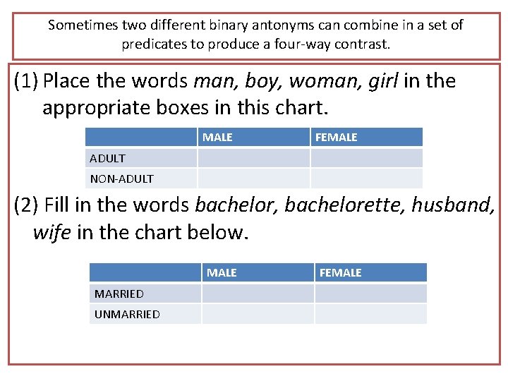 Sometimes two different binary antonyms can combine in a set of predicates to produce