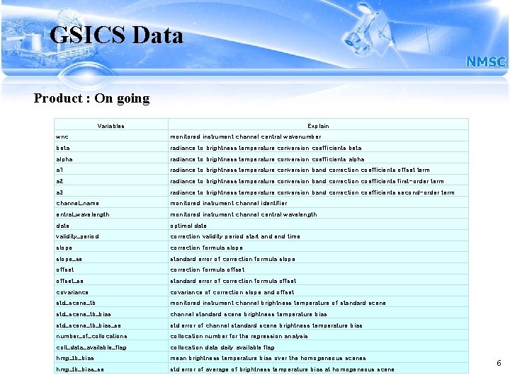 GSICS Data Product : On going Variables Explain wnc monitored instrument channel central wavenumber