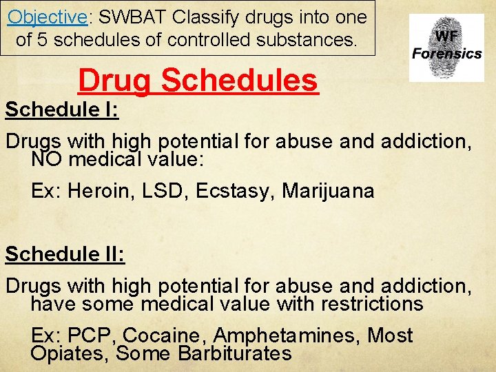 Objective: SWBAT Classify drugs into one of 5 schedules of controlled substances. Drug Schedules