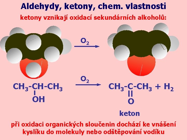 Aldehydy, ketony, chem. vlastnosti ketony vznikají oxidací sekundárních alkoholů: O 2 CH 3 -CH-CH