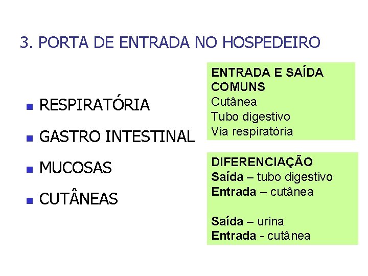 3. PORTA DE ENTRADA NO HOSPEDEIRO n RESPIRATÓRIA n GASTRO INTESTINAL n MUCOSAS n