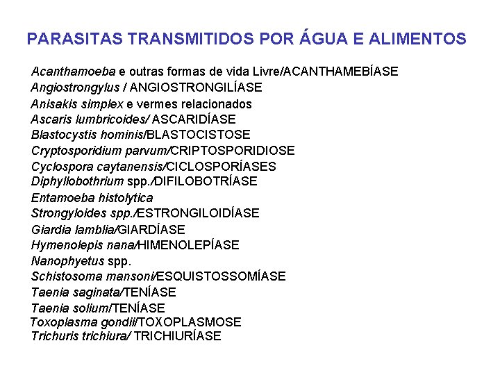 PARASITAS TRANSMITIDOS POR ÁGUA E ALIMENTOS Acanthamoeba e outras formas de vida Livre/ACANTHAMEBÍASE Angiostrongylus