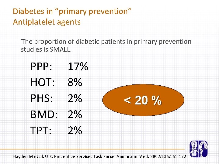 Diabetes in “primary prevention” Antiplatelet agents The proportion of diabetic patients in primary prevention