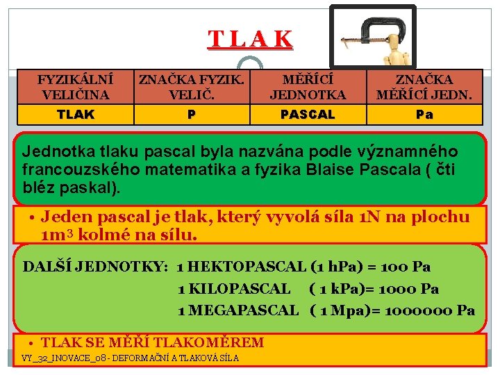 TLAK FYZIKÁLNÍ VELIČINA ZNAČKA FYZIK. VELIČ. MĚŘÍCÍ JEDNOTKA ZNAČKA MĚŘÍCÍ JEDN. TLAK P PASCAL