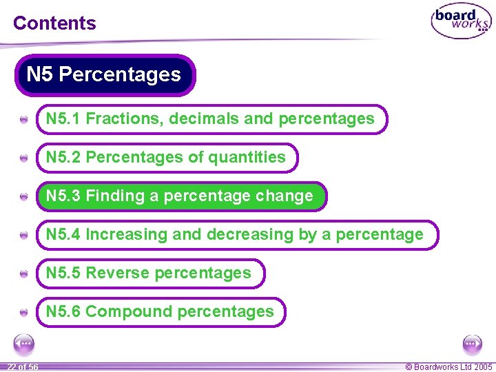 Contents N 5 Percentages A N 5. 1 Fractions, decimals and percentages A N Contents N 5 Percentages A N 5. 1 Fractions, decimals and percentages A N