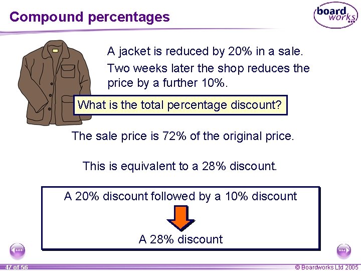 Compound percentages A jacket is reduced by 20% in a sale. Two weeks later Compound percentages A jacket is reduced by 20% in a sale. Two weeks later