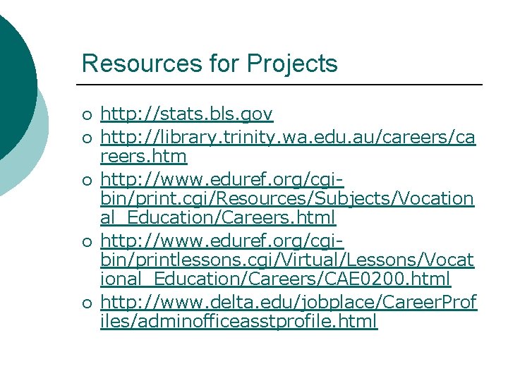 Resources for Projects ¡ ¡ ¡ http: //stats. bls. gov http: //library. trinity. wa.