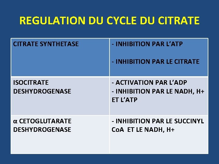 REGULATION DU CYCLE DU CITRATE SYNTHETASE - INHIBITION PAR L’ATP - INHIBITION PAR LE