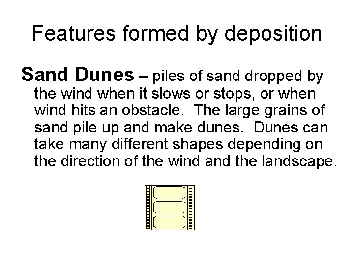 Features formed by deposition Sand Dunes – piles of sand dropped by the wind