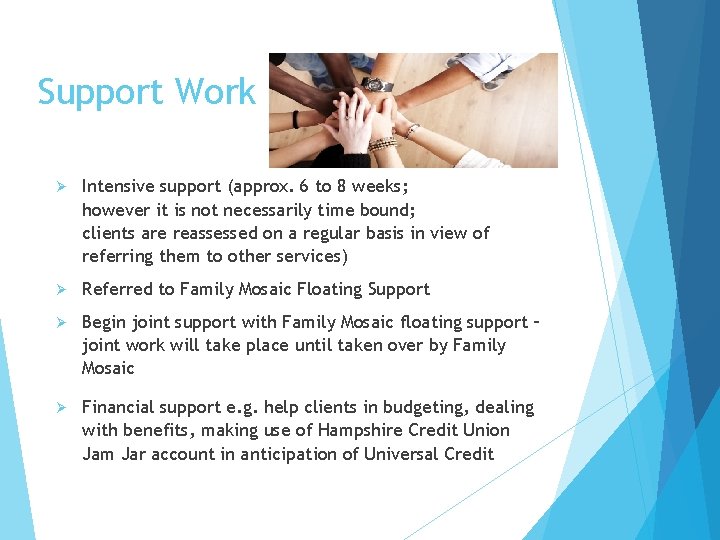 Support Work Ø Intensive support (approx. 6 to 8 weeks; however it is not