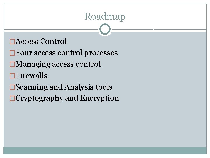 Roadmap �Access Control �Four access control processes �Managing access control �Firewalls �Scanning and Analysis