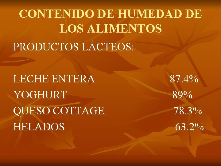 CONTENIDO DE HUMEDAD DE LOS ALIMENTOS PRODUCTOS LÁCTEOS: LECHE ENTERA YOGHURT QUESO COTTAGE HELADOS