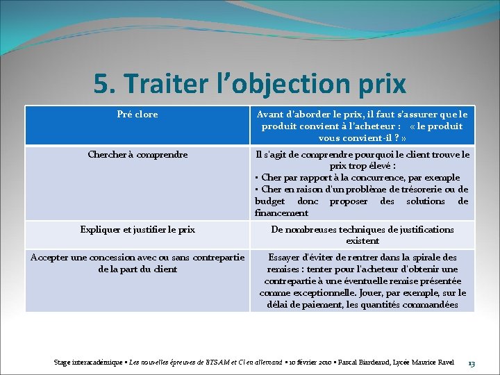 5. Traiter l’objection prix Pré clore Avant d’aborder le prix, il faut s’assurer que