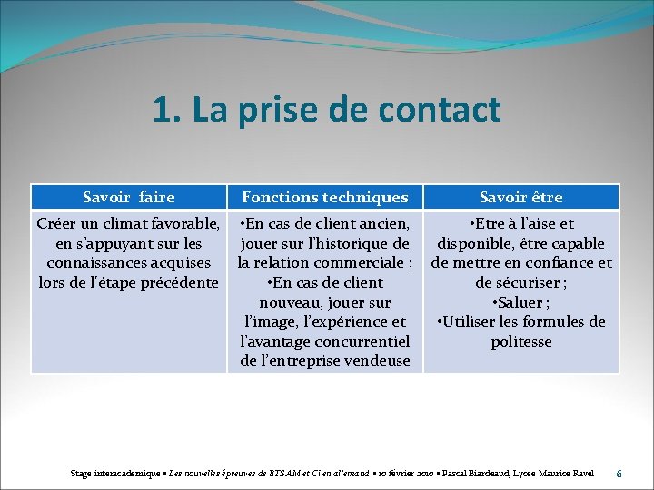1. La prise de contact Savoir faire Fonctions techniques Savoir être Créer un climat