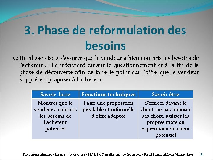 3. Phase de reformulation des besoins Cette phase vise à s’assurer que le vendeur