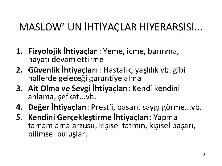 MASLOW’ UN İHTİYAÇLAR HİYERARŞİSİ. . . 1. Fizyolojik İhtiyaçlar : Yeme, içme, barınma, hayatı