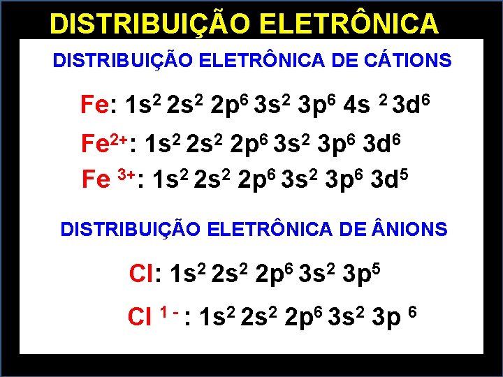 DISTRIBUIÇÃO ELETRÔNICA DE CÁTIONS Fe: 1 s 2 2 p 6 3 s 2