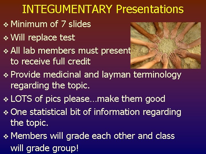 INTEGUMENTARY Presentations v Minimum of 7 slides v Will replace test v All lab