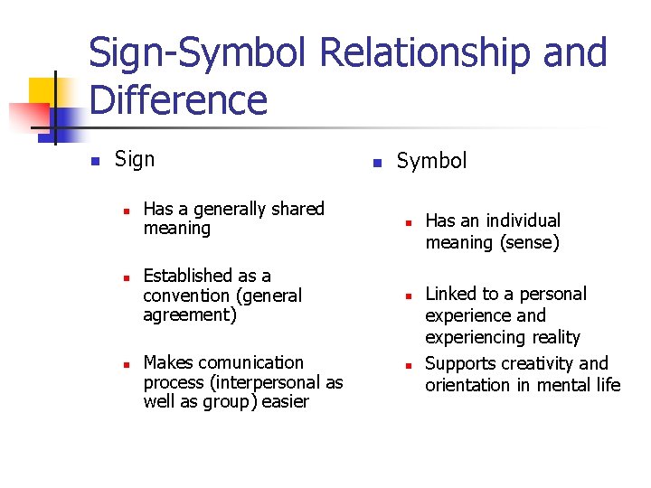 Sign-Symbol Relationship and Difference n Sign n Has a generally shared meaning Established as